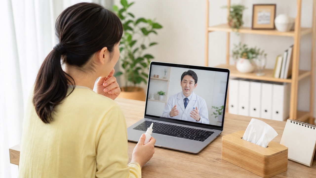 モメタゾン点鼻薬の使い方をオンライン診療で相談する女性の参考画像