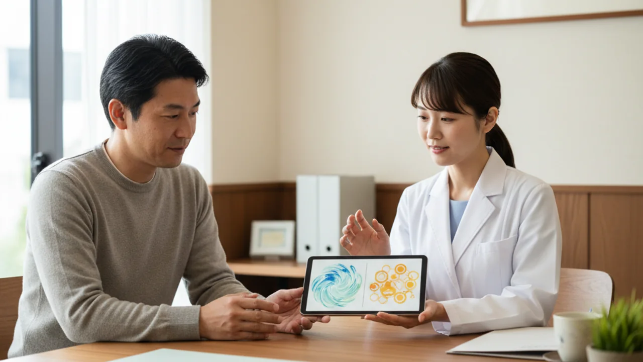 治療選択肢の違いをタブレットで確認する人のイメージ