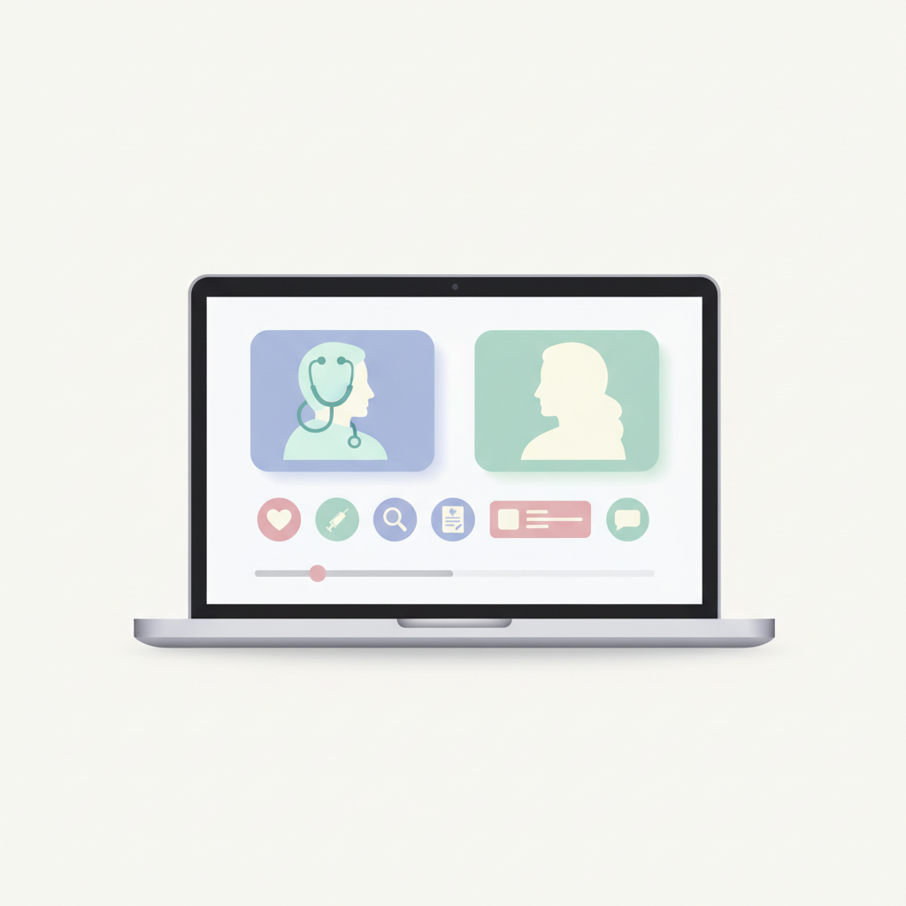 対面診療とオンライン診療の選択肢を示すスマートフォンと医師の診察風景