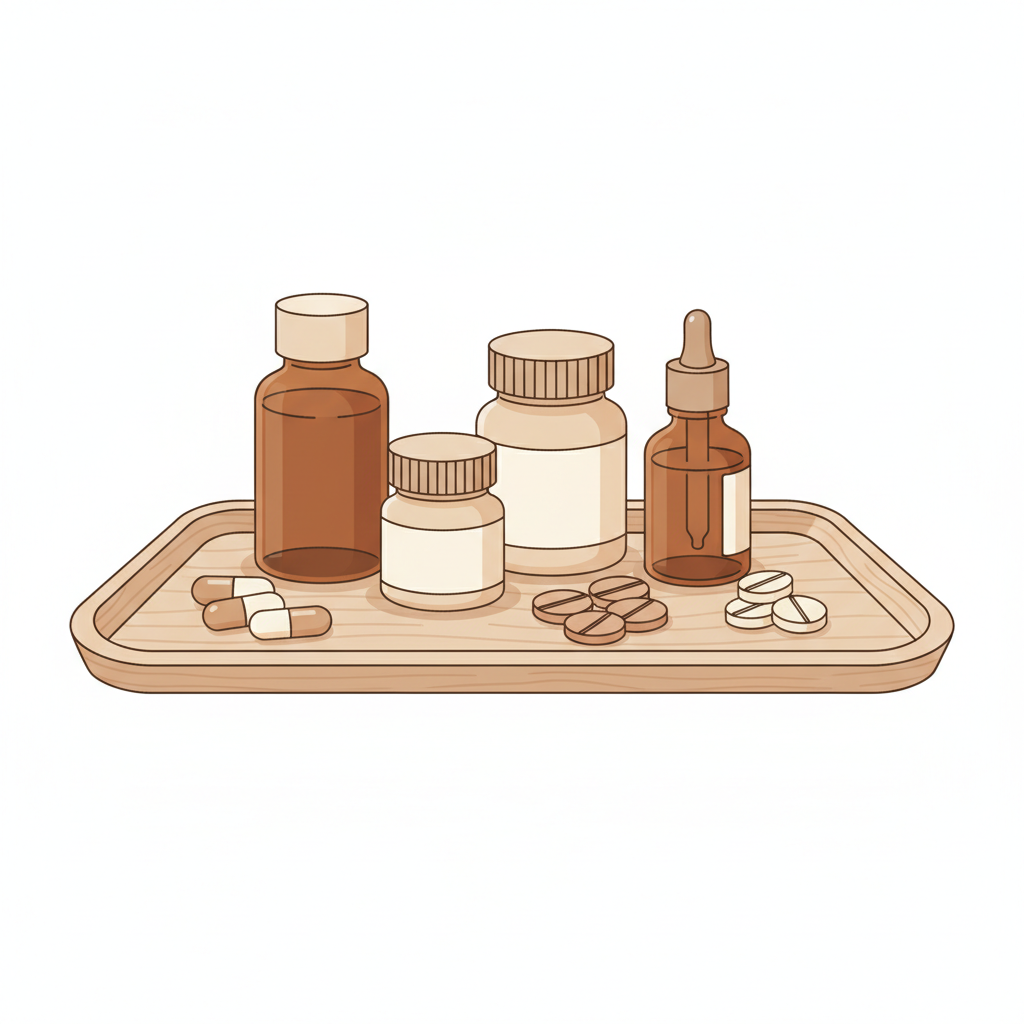六味丸のジェネリック医薬品と先発医薬品が並べられた薬瓶