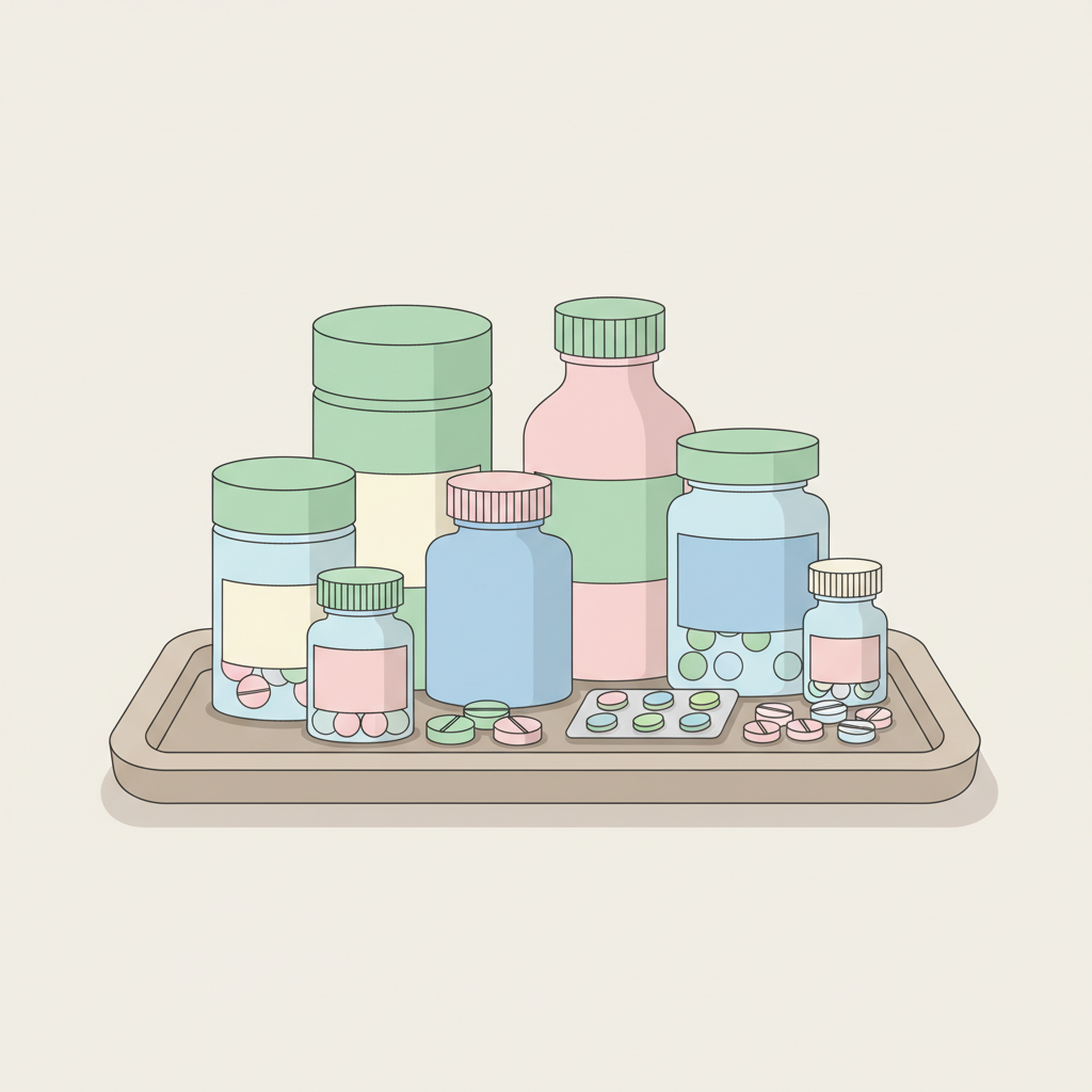 ステロイド薬の錠剤と軟膏、そして注射器が並べられた医療用具の集合