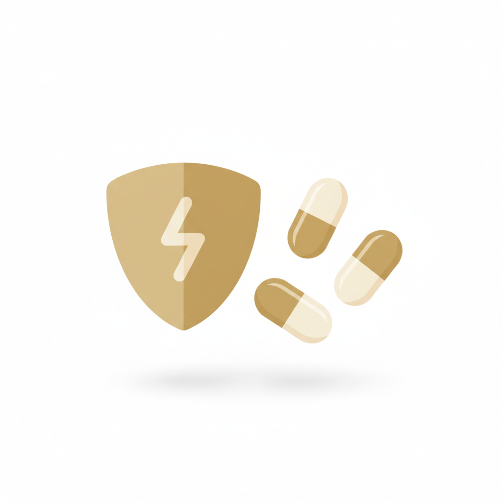 ビタミン剤やミネラルサプリメントが並び、適切な摂取の重要性を示す