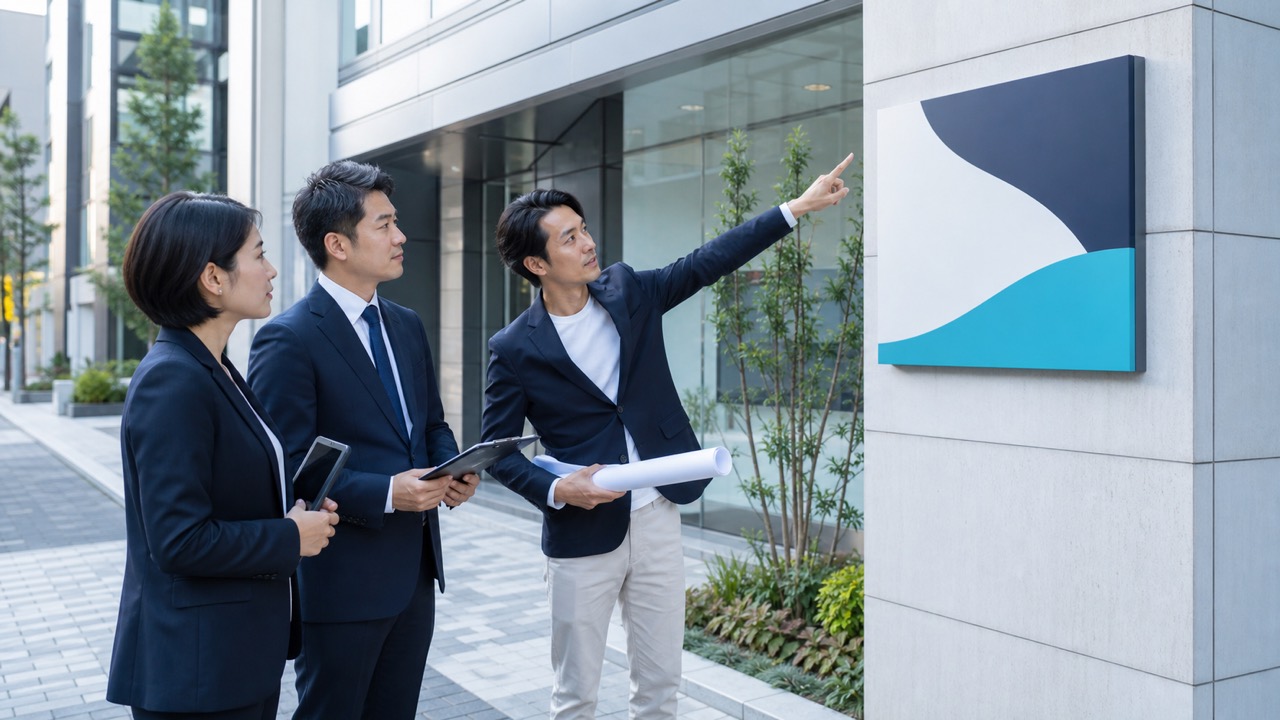 クリニック外観で看板の視認経路と設置位置を確認する担当者
