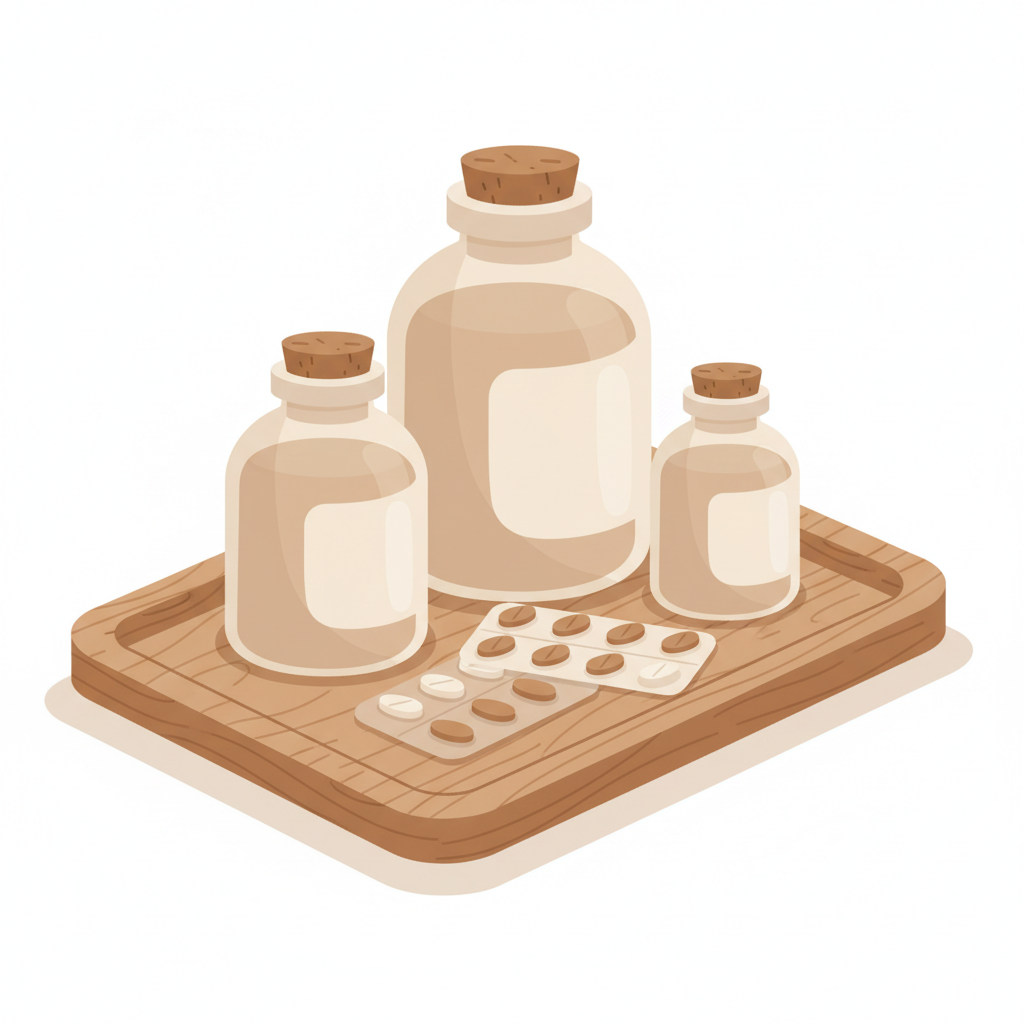 当帰芍薬散の服用方法を示す、水と錠剤のシンプルな構成