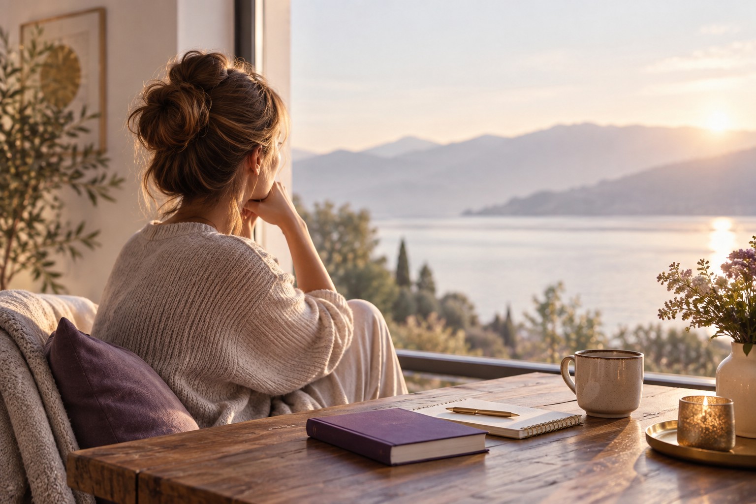 Frau sitzt mit Notizbuch an einem Fenster mit Blick auf ruhigen See und Berge – innere Klarheit
