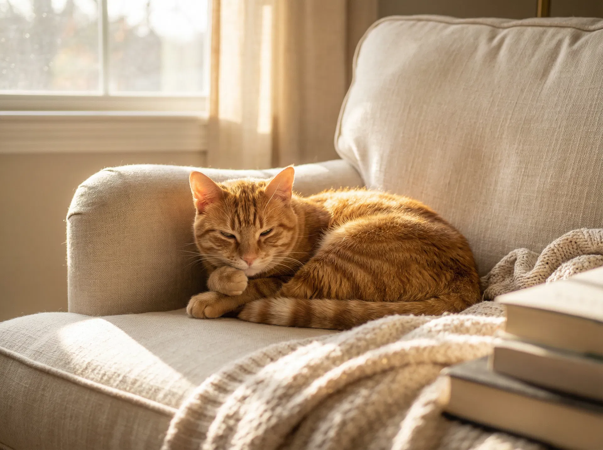 Marmalade has claimed the armchair as his permanent residence and I am simply a guest in his home now. He's been in this exact position for three hours. The book beside him is mine — I haven't been able to reach it. #CatLife #TabbyGram #CatsOfPetsClik #SendHelp