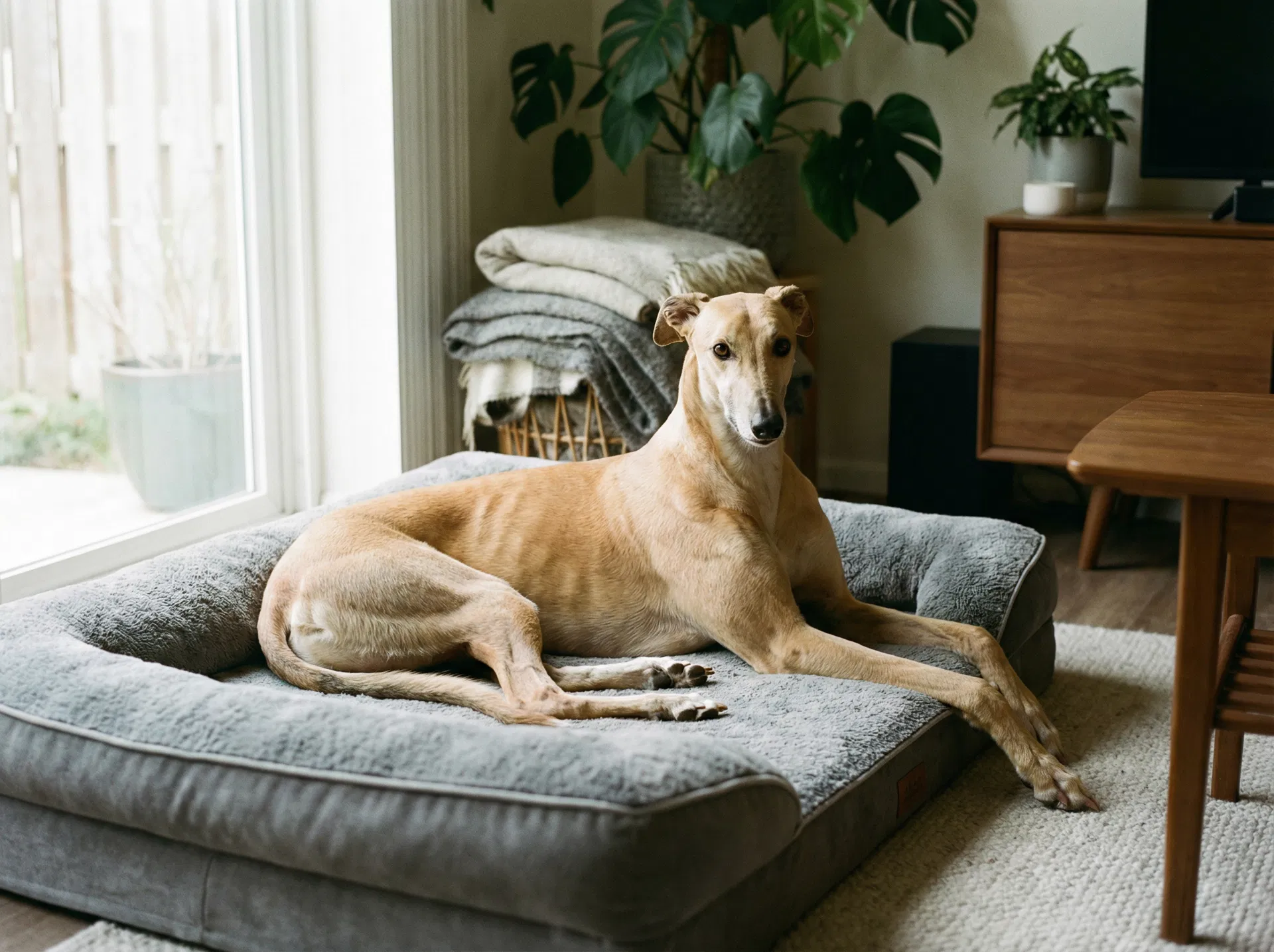 Two months ago Archie wouldn't come near us. Today he chose his own spot on the bed, stretched out like he owns the place, and looked at me like 'yes, this is fine, I live here now.' I may have cried a little. Rescue greyhounds are everything. 🩶 #GreyhoundRescue #AdoptDontShop #ArchieTheGreyhound #RescueDog