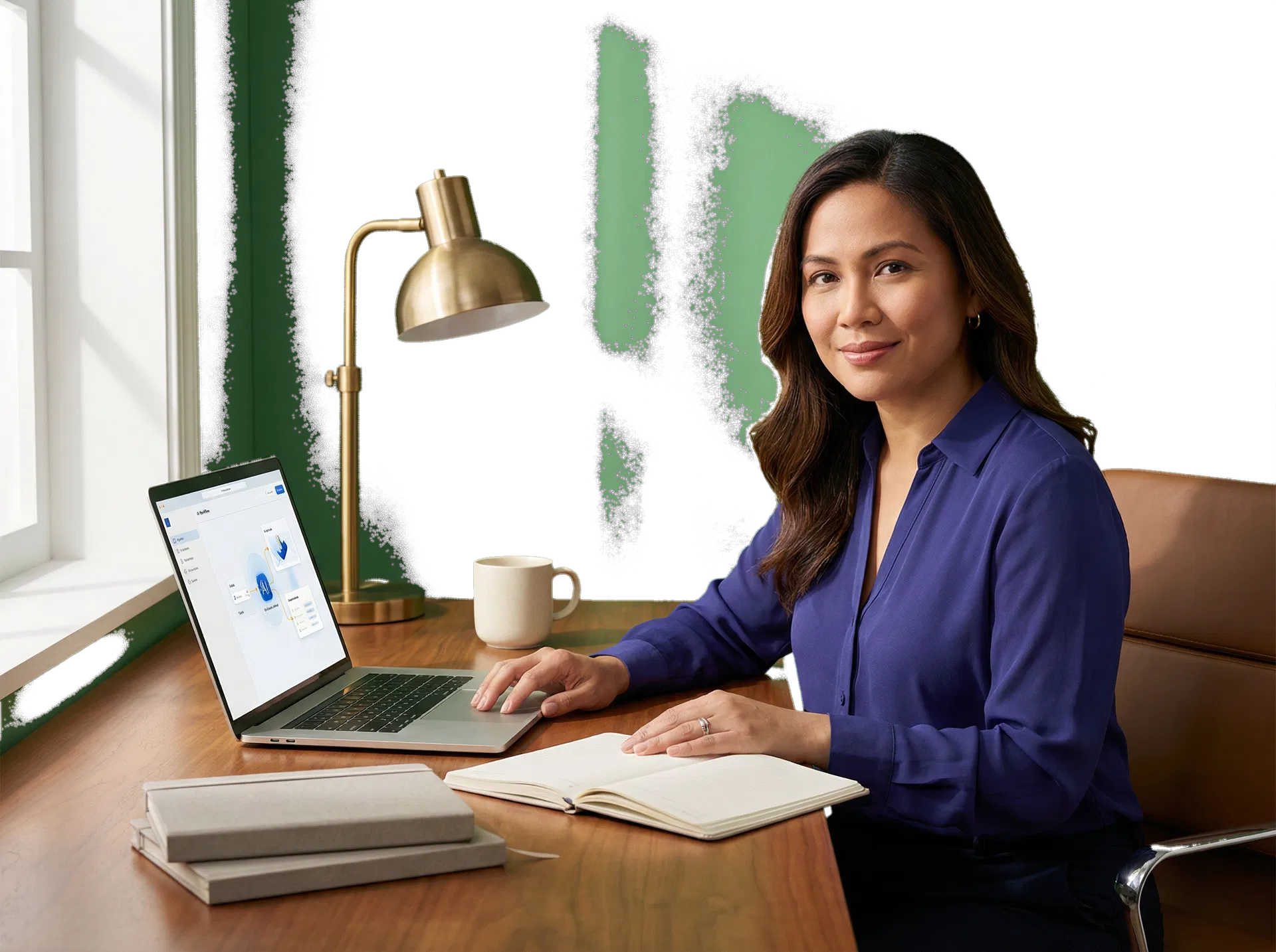 A woman using a calm AI-supported admin system at her desk