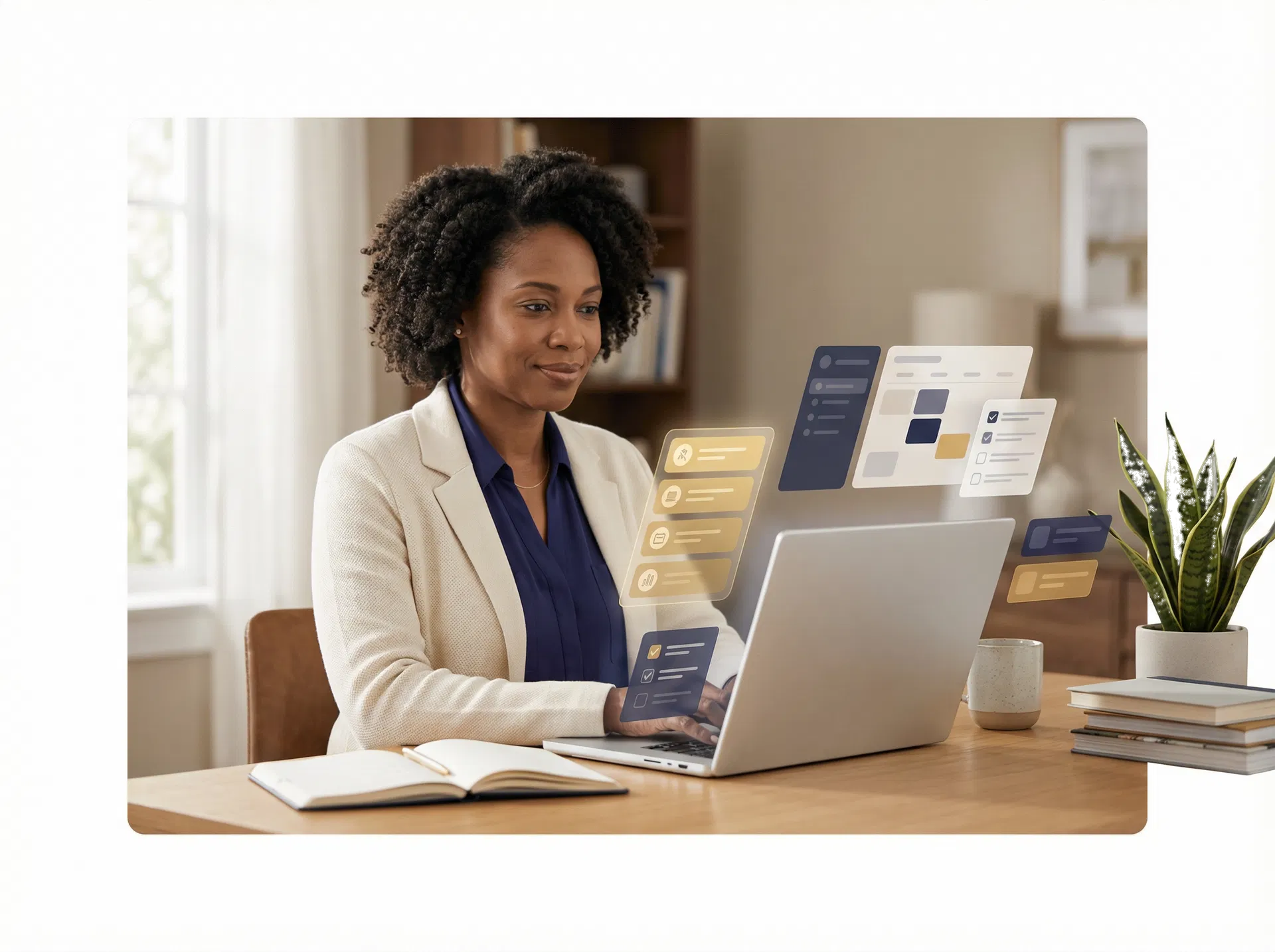 A business owner using AI-supported workflows at her desk