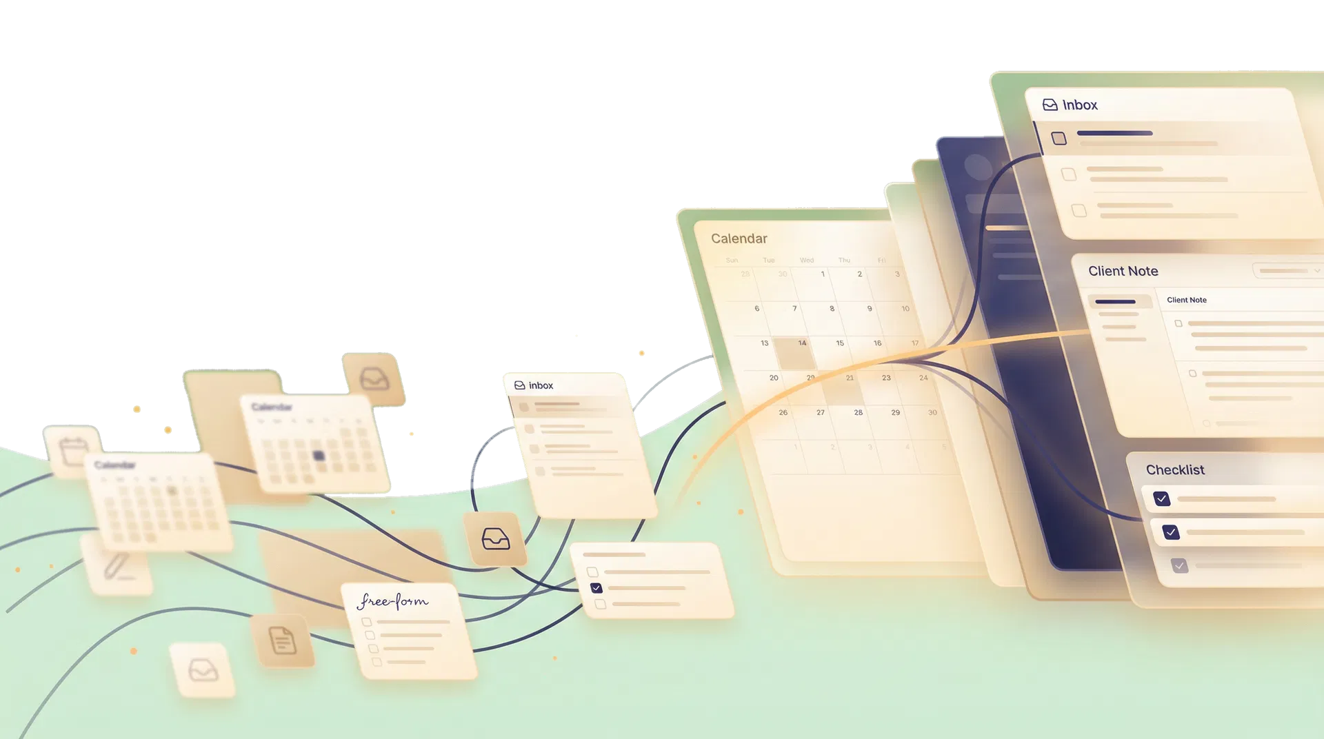 Abstract workflow cards moving from scattered admin to aligned calm systems