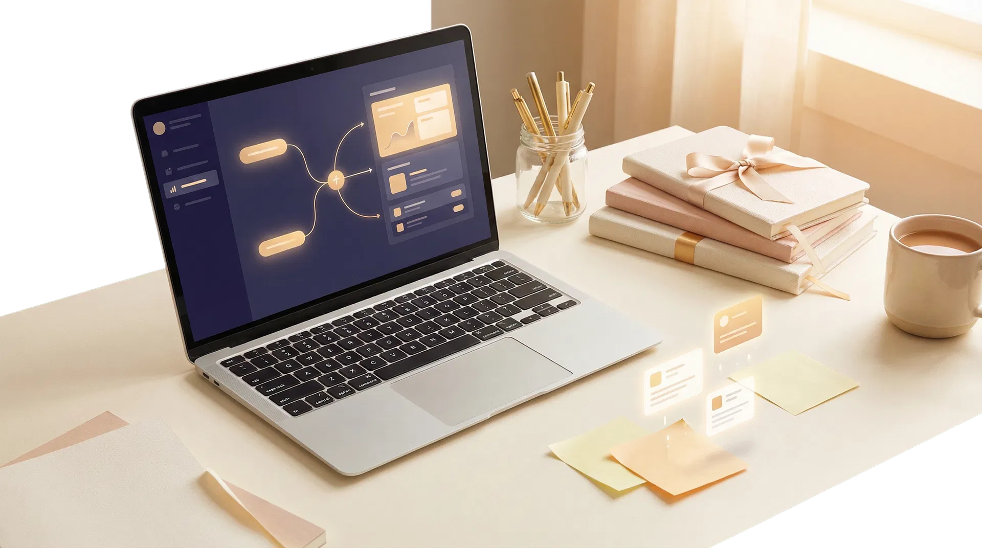 Elegant workspace showing calm digital systems replacing admin chaos