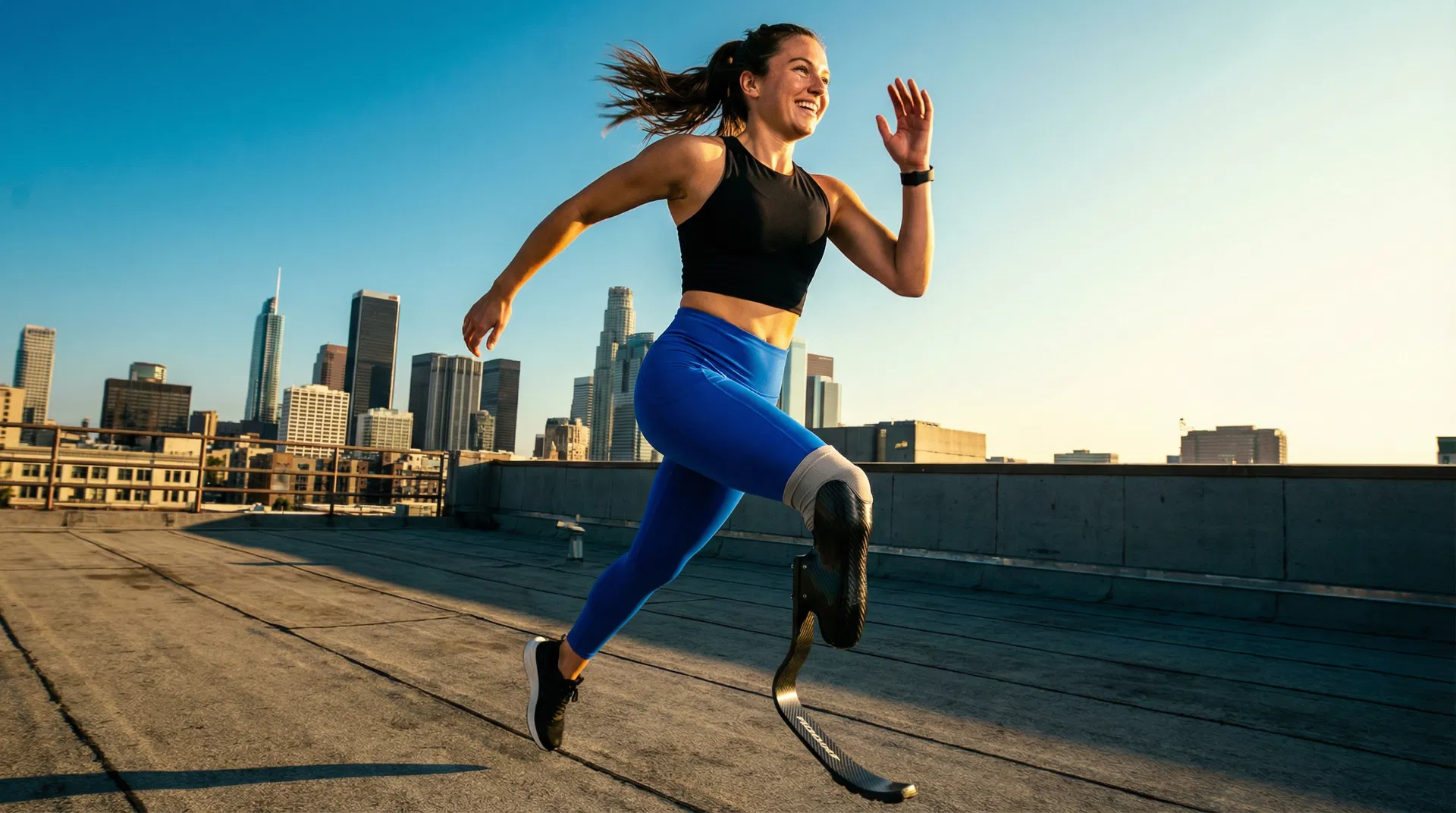 Atleta com prótese a correr com roupa adaptativa