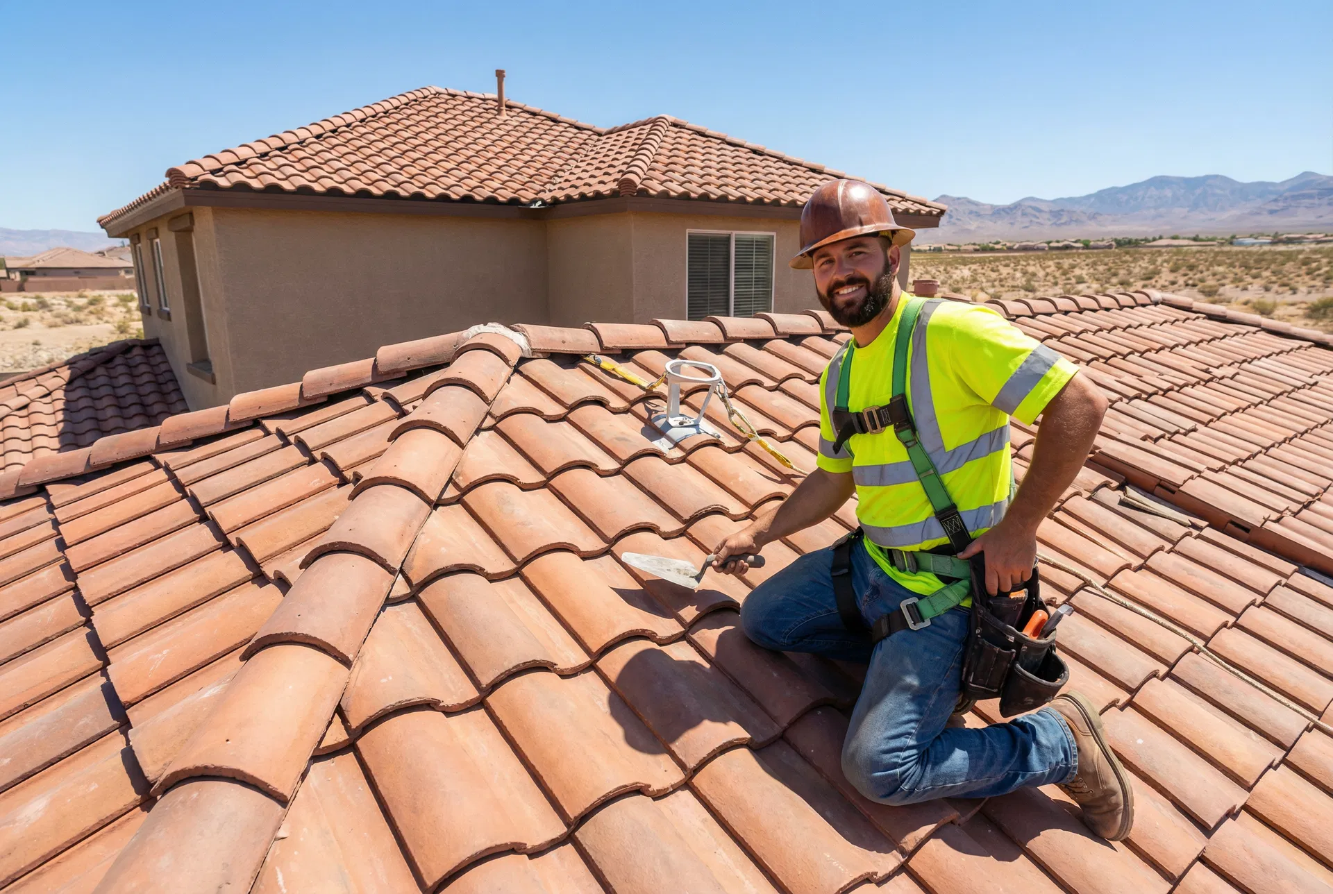 Professional roofer working on Las Vegas tile roof