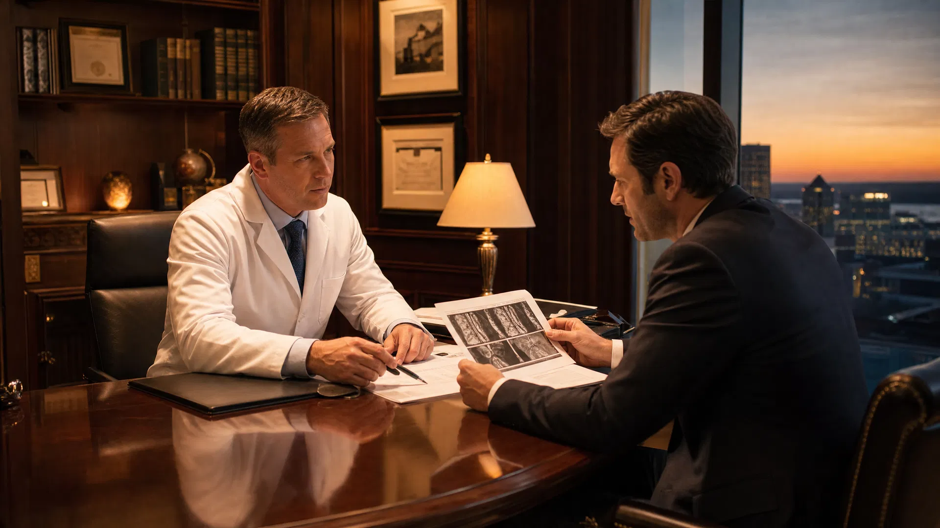 Doctor and attorney reviewing reports