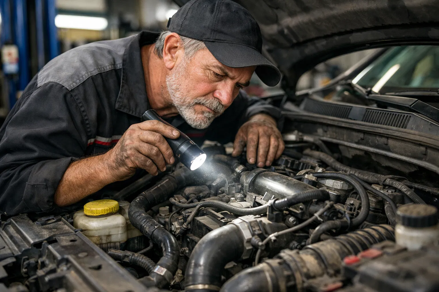 Experienced mechanic with torch inspecting the engine bay of a used car