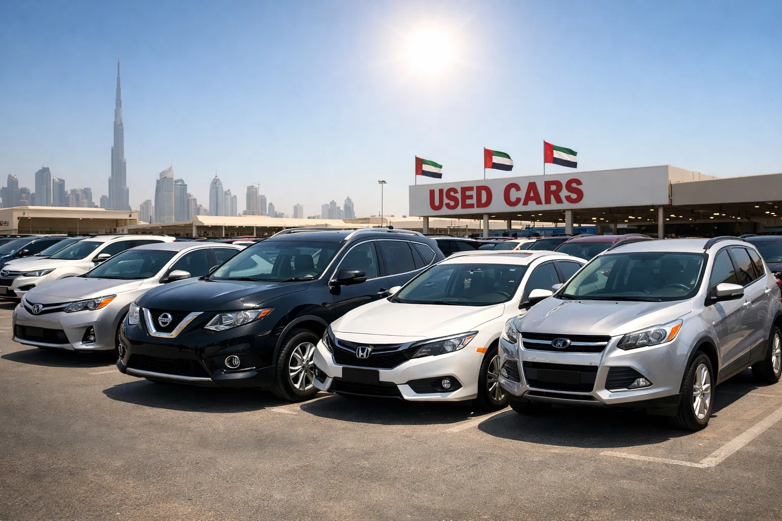 Multiple reliable used cars parked outdoors in Dubai under bright sunlight