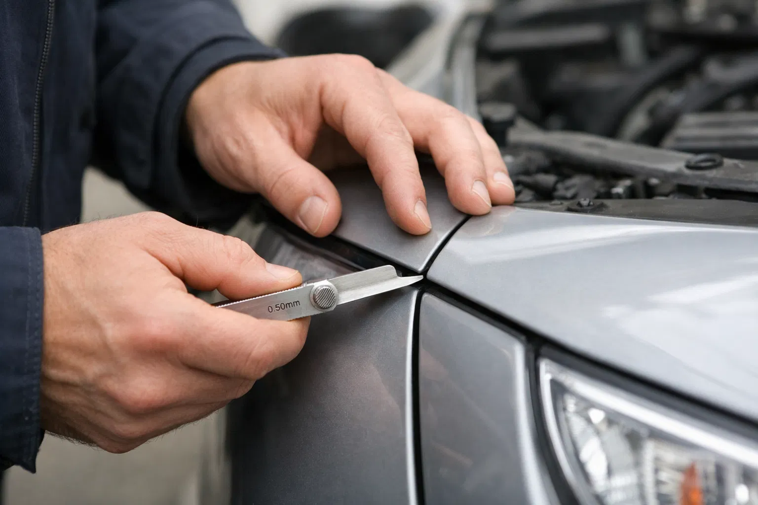 Professional mechanic checking panel gaps on a used car with precision tool