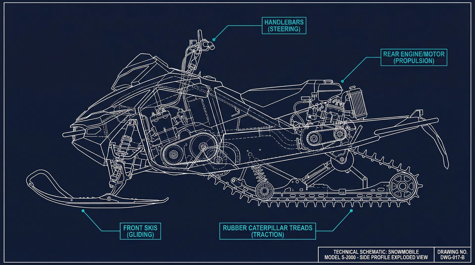 Snowmobile technical schematic with labeled components from source objects