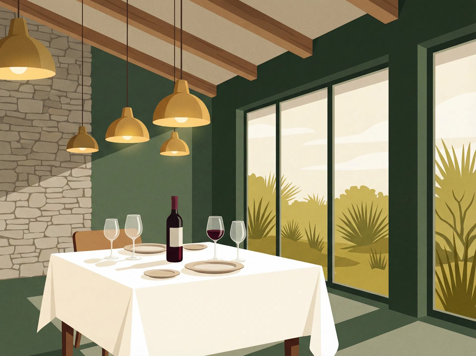 Restaurante da Pousada Pegasus 067 com mesa posta e vinhos