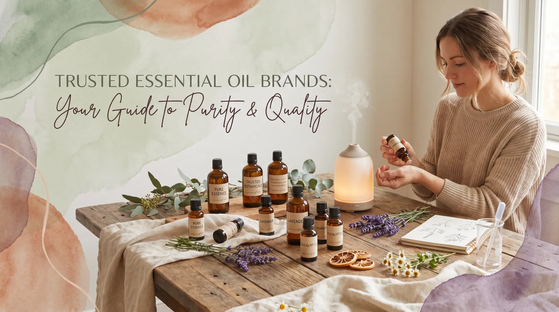 Essential oil bottles, diffuser, and botanical elements