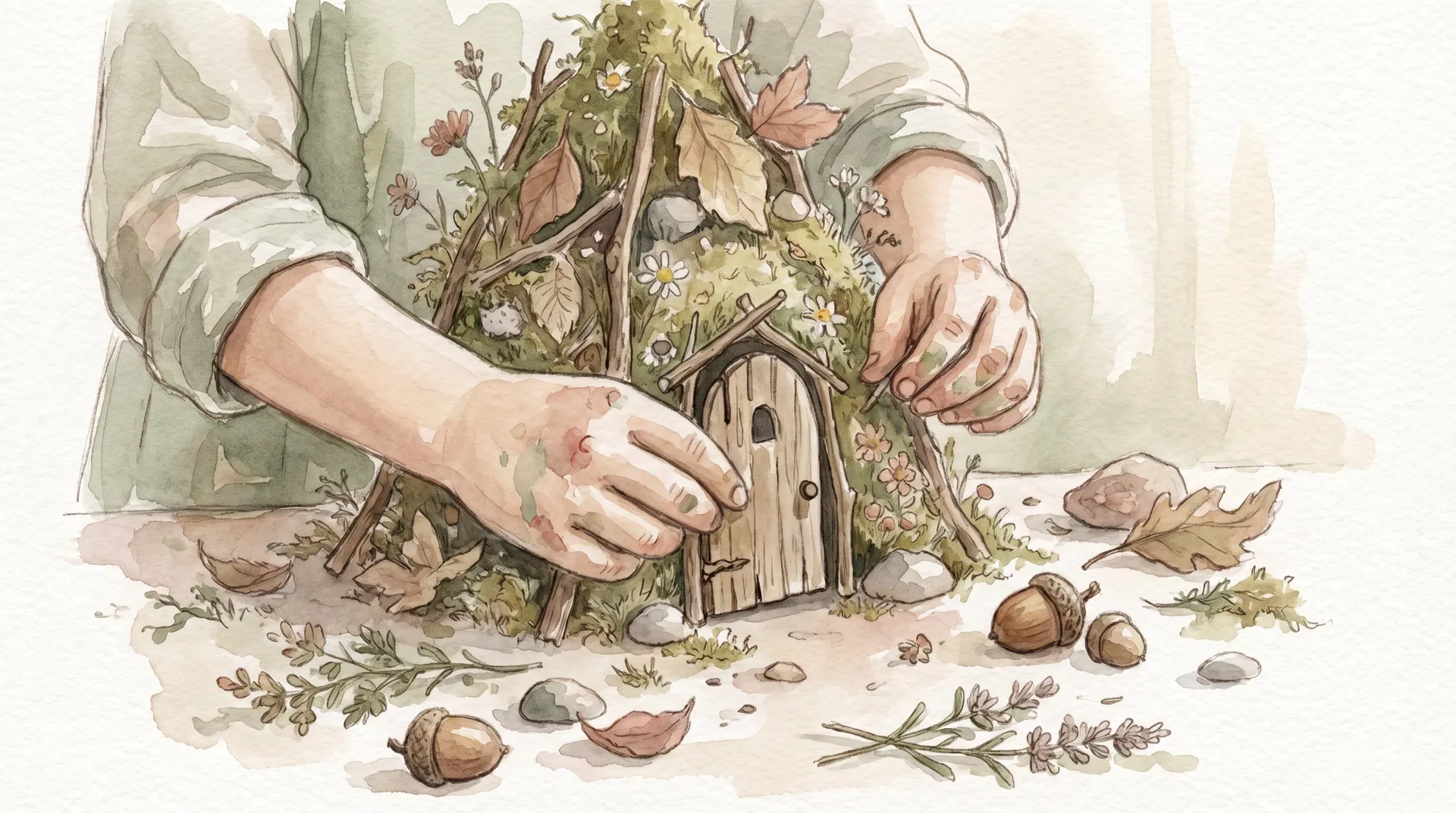 Wabi-sabi watercolor illustration of hands building a fairy house with twigs, moss, and flowers