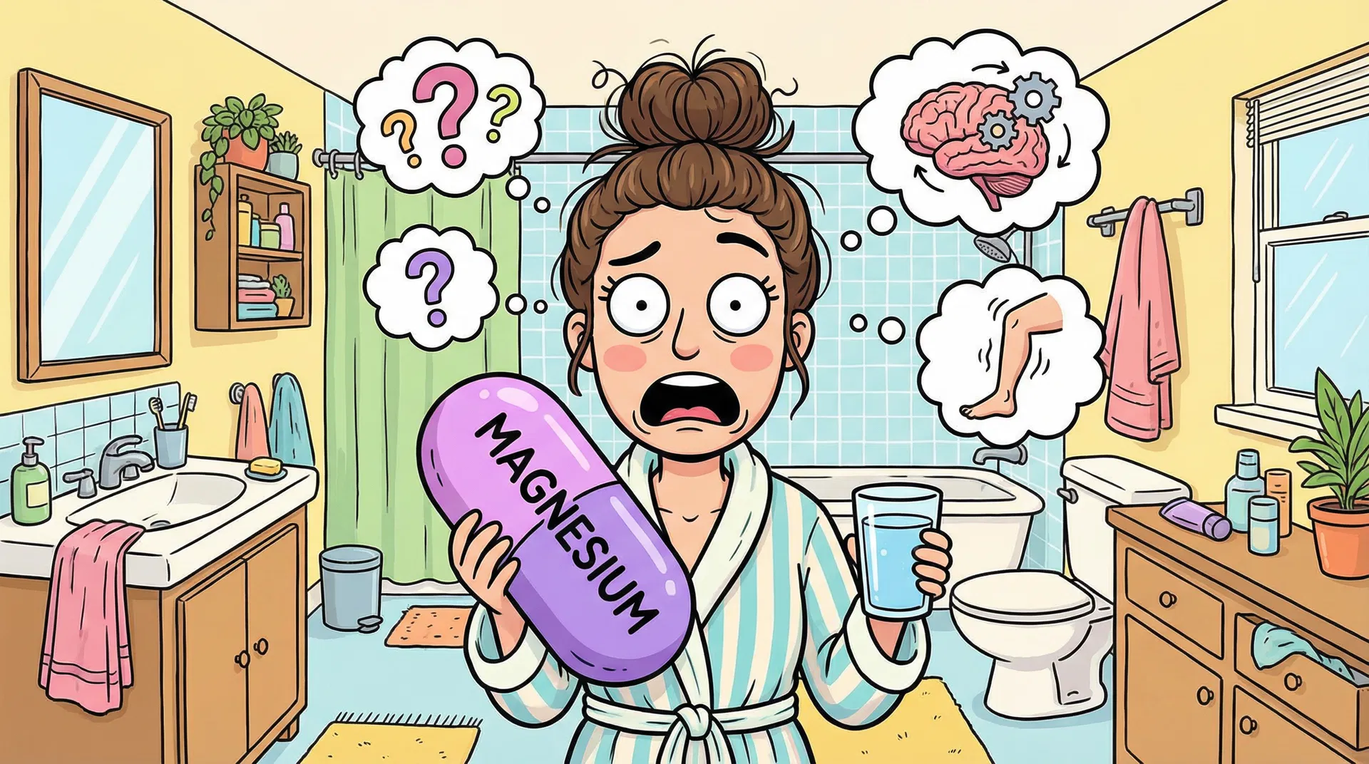 Funny cartoon illustration of woman in bathroom holding giant magnesium pill with worried expression