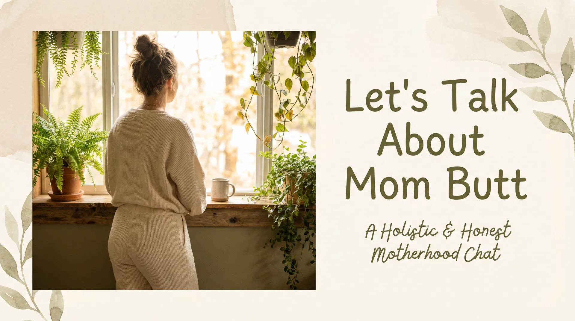 Woman in cozy loungewear looking out window with plants