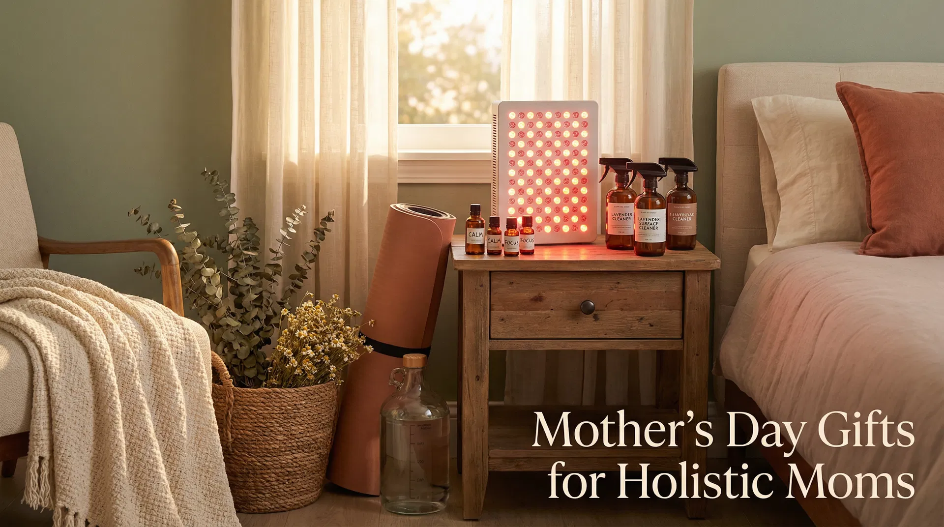 Collection of holistic wellness gifts including red light therapy panel, grounding mat, essential oils, and natural cleaning supplies arranged on a wooden surface with botanical elements