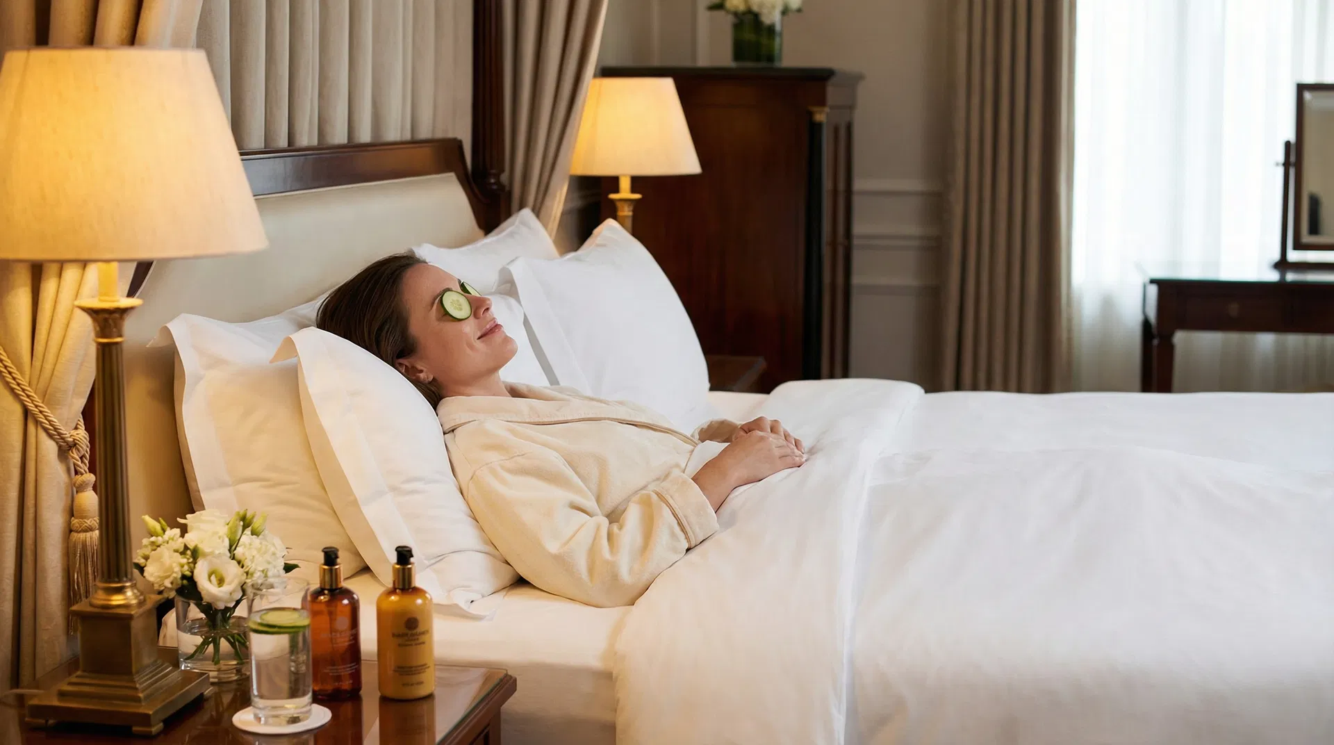 A mom in a luxurious spa robe with cucumber slices on her eyes, relaxing in a plush hotel bed - the ultimate Mother's Day gift of rest and self-care