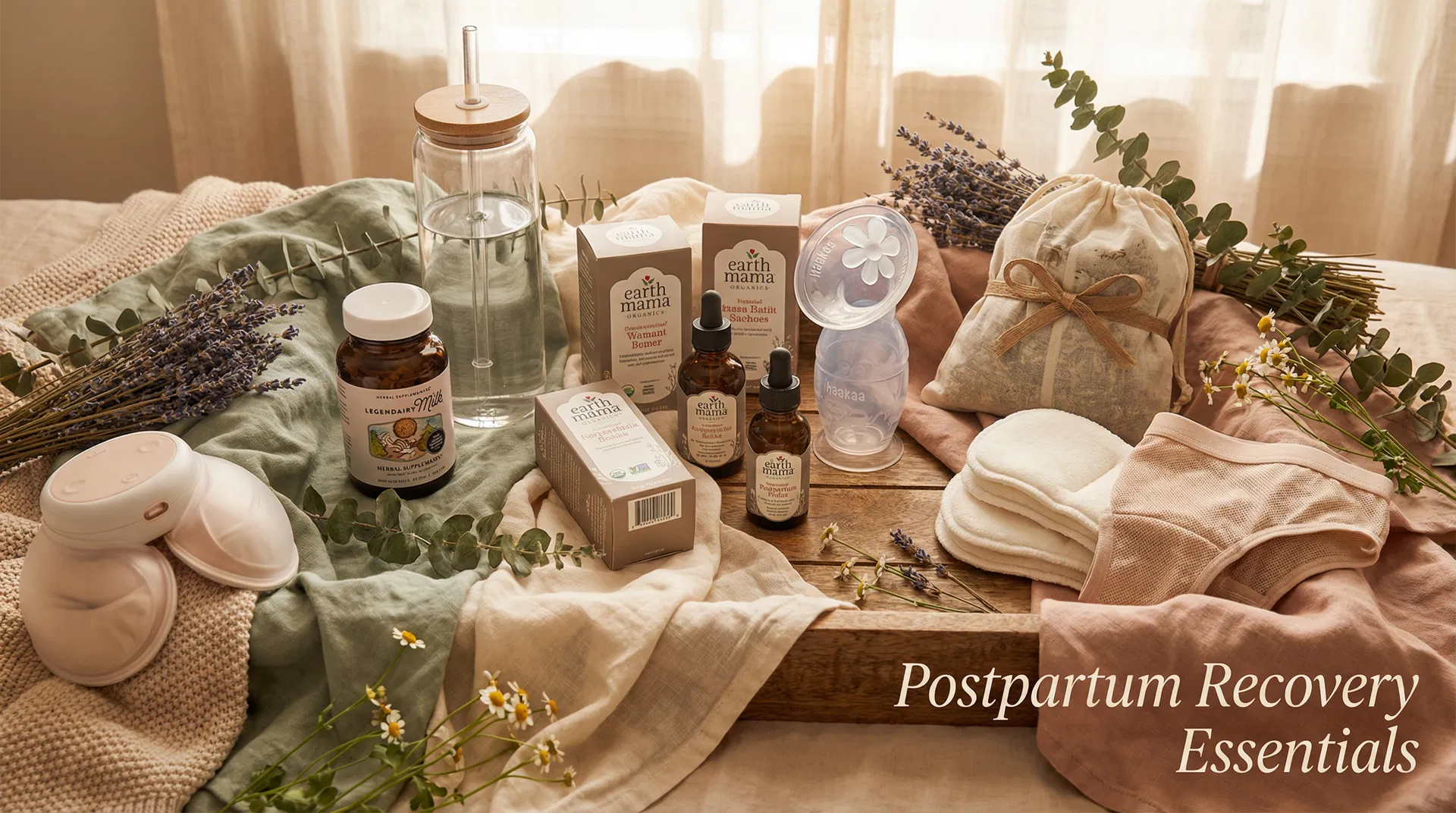 Collection of postpartum recovery essentials including Earth Mama products, breast pump, milk catcher, water bottle, and sitz bath ingredients arranged on a soft surface with botanical elements