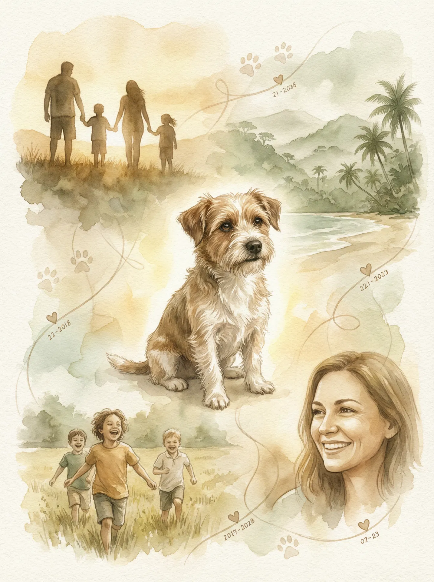 Watercolor illustration of a beloved dog surrounded by family memories, timeline, and Costa Rica landscape