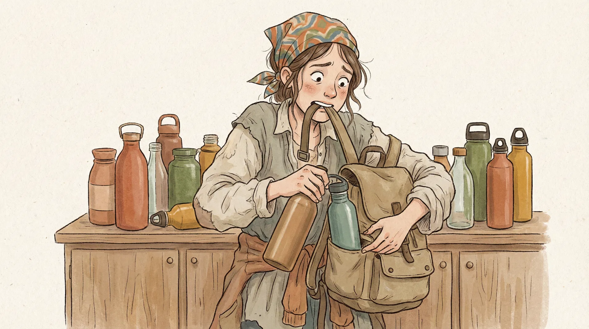 Frazzled mom with colorful bandana holding water bottles in each hand with backpack in her mouth trying to fit a bottle in the side pocket