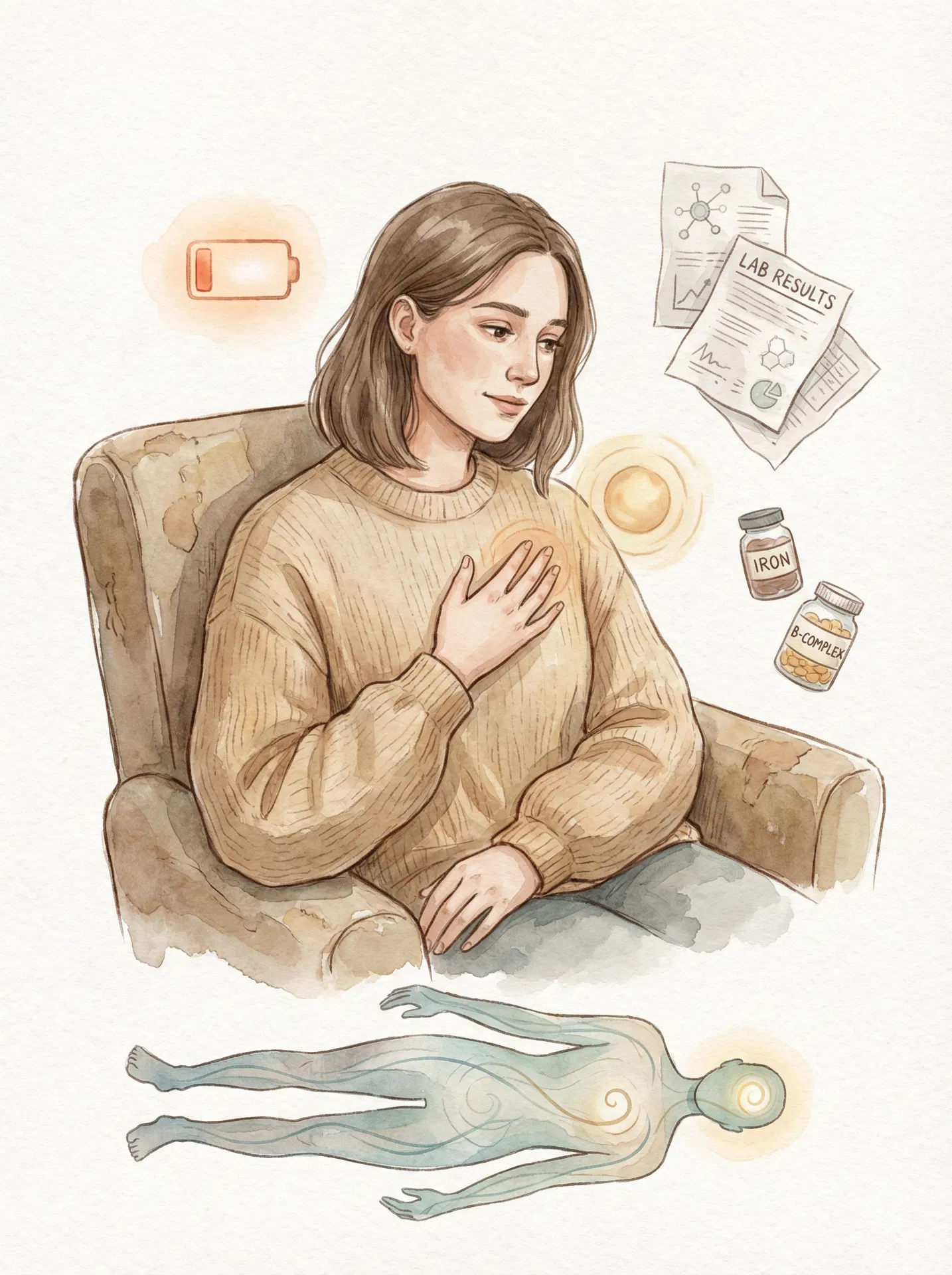 Woman sitting thoughtfully with hand on chest, surrounded by health icons: low battery, lab results, iron supplements, B vitamins. Watercolor wabi-sabi style illustration.