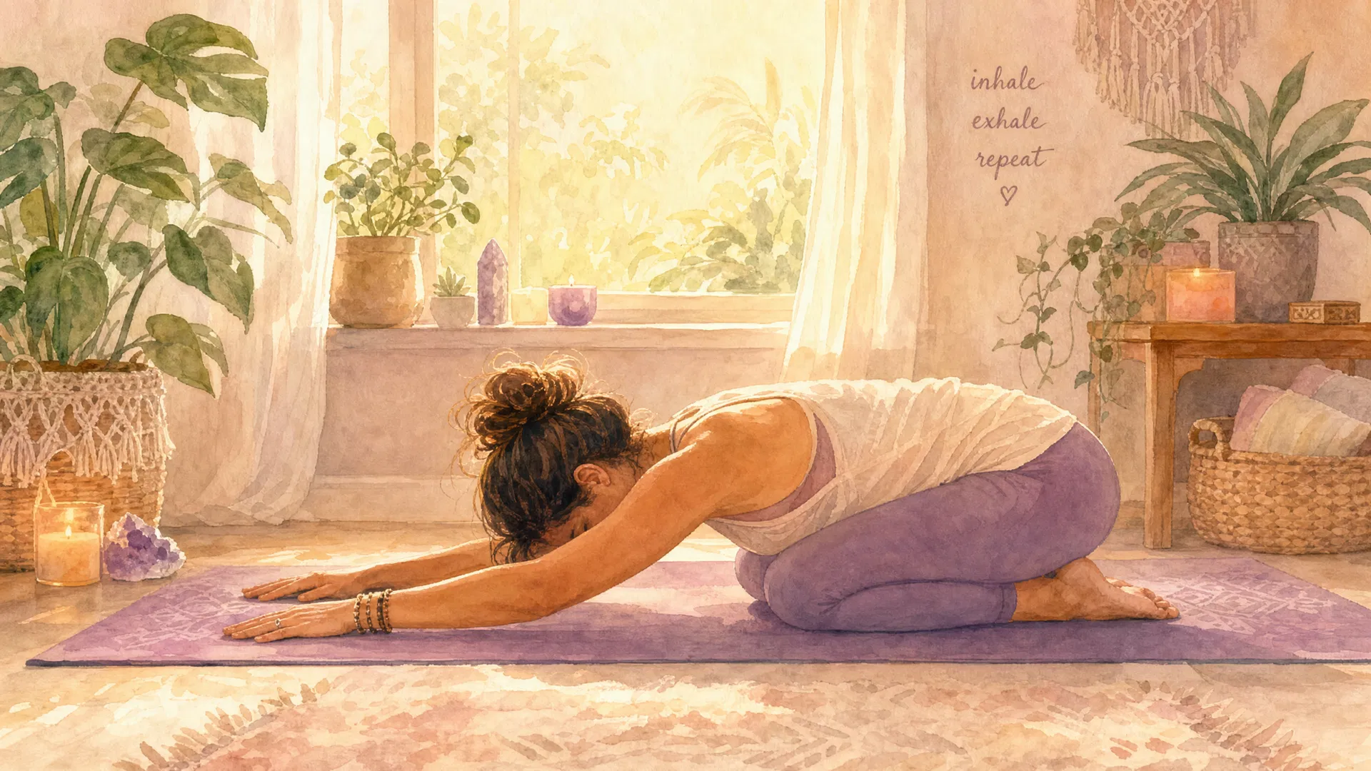Woman in child's pose doing yoga at home with plants and candles
