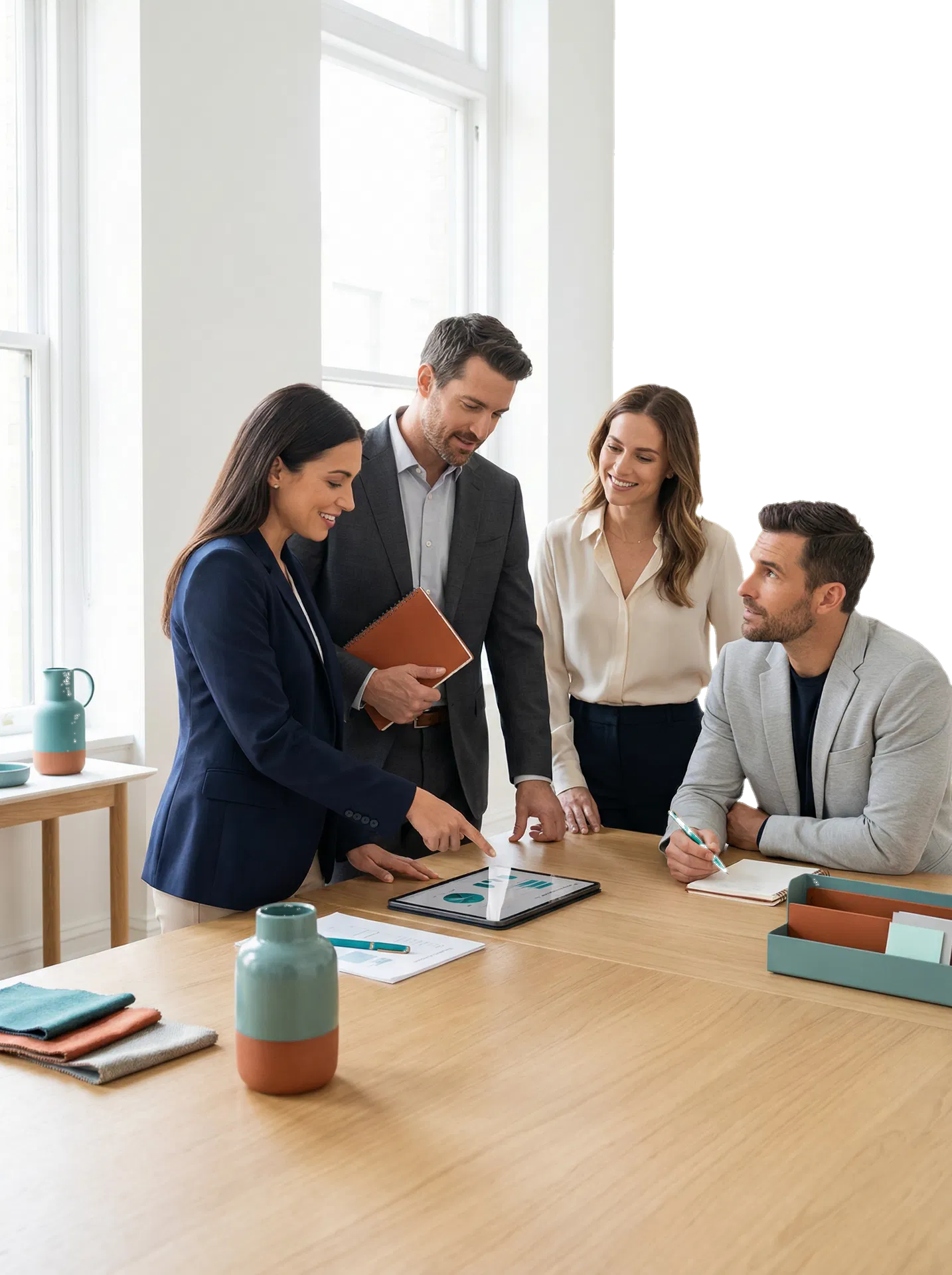 Equipe em ambiente de consultoria corporativa colaborando em decisões estratégicas