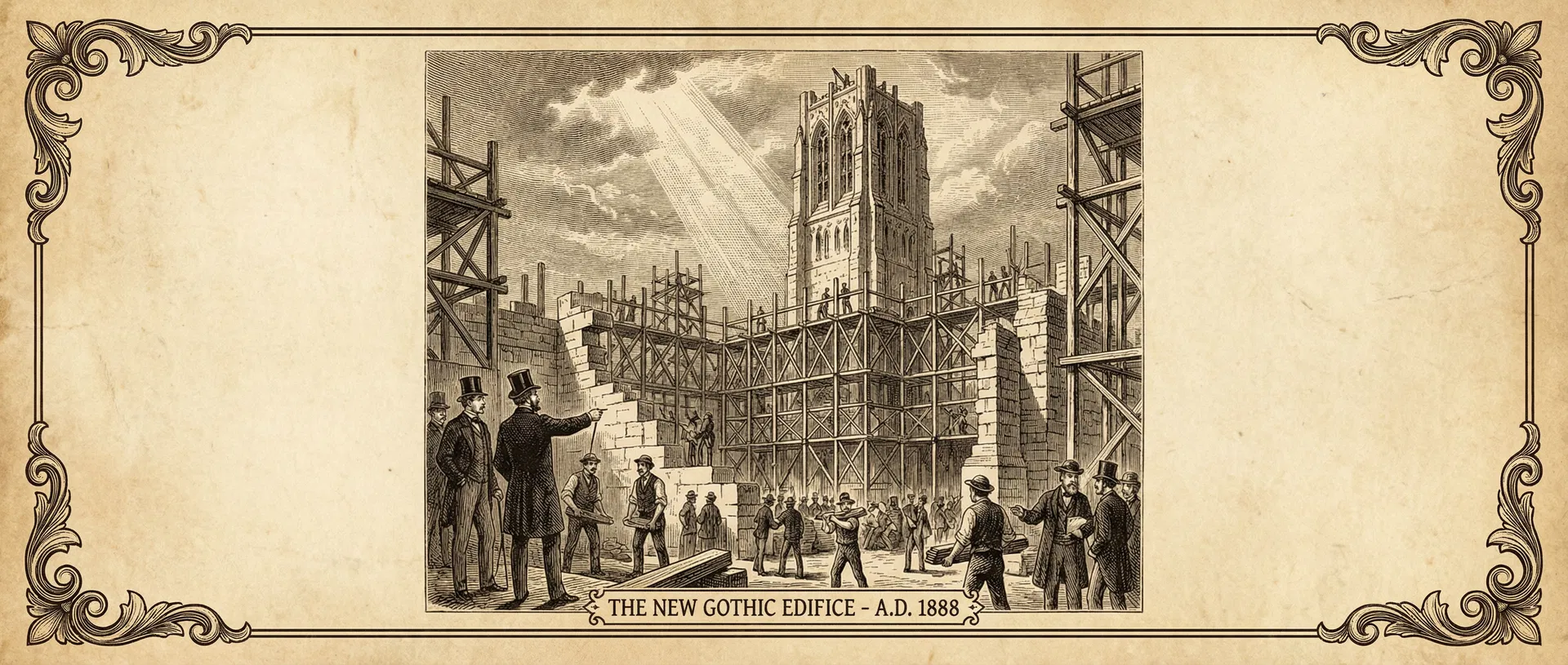 哥特式大教堂建设工地——脚手架与未竣工的塔楼