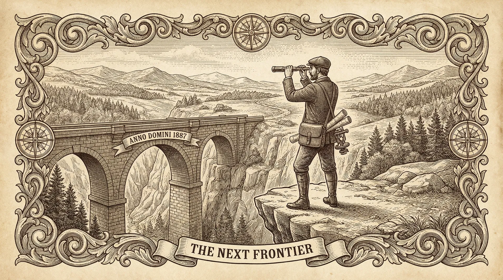 探险家站在已建成的石桥旁，眺望下一片未知边疆