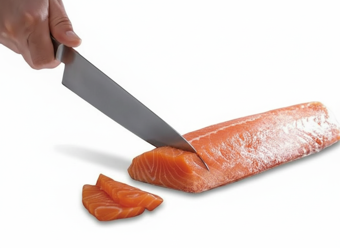手持刀切割新鮮鮭魚片，白色背景