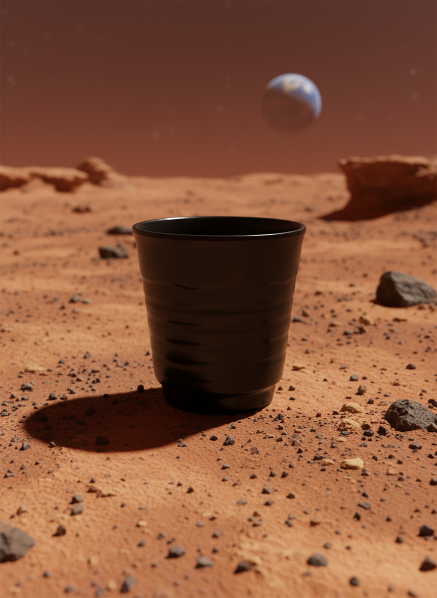 黑色條紋杯置於火星地表遠方可見地球