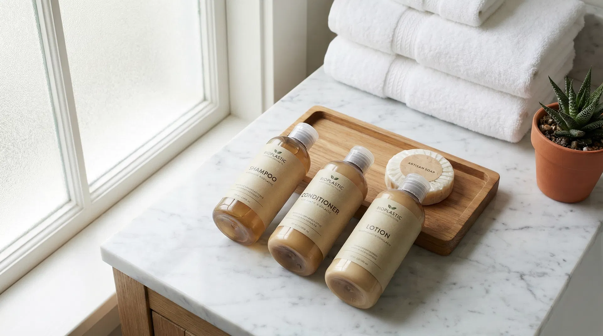 Roseco bioplastic hotel amenities - shampoo, conditioner and lotion bottles on marble counter