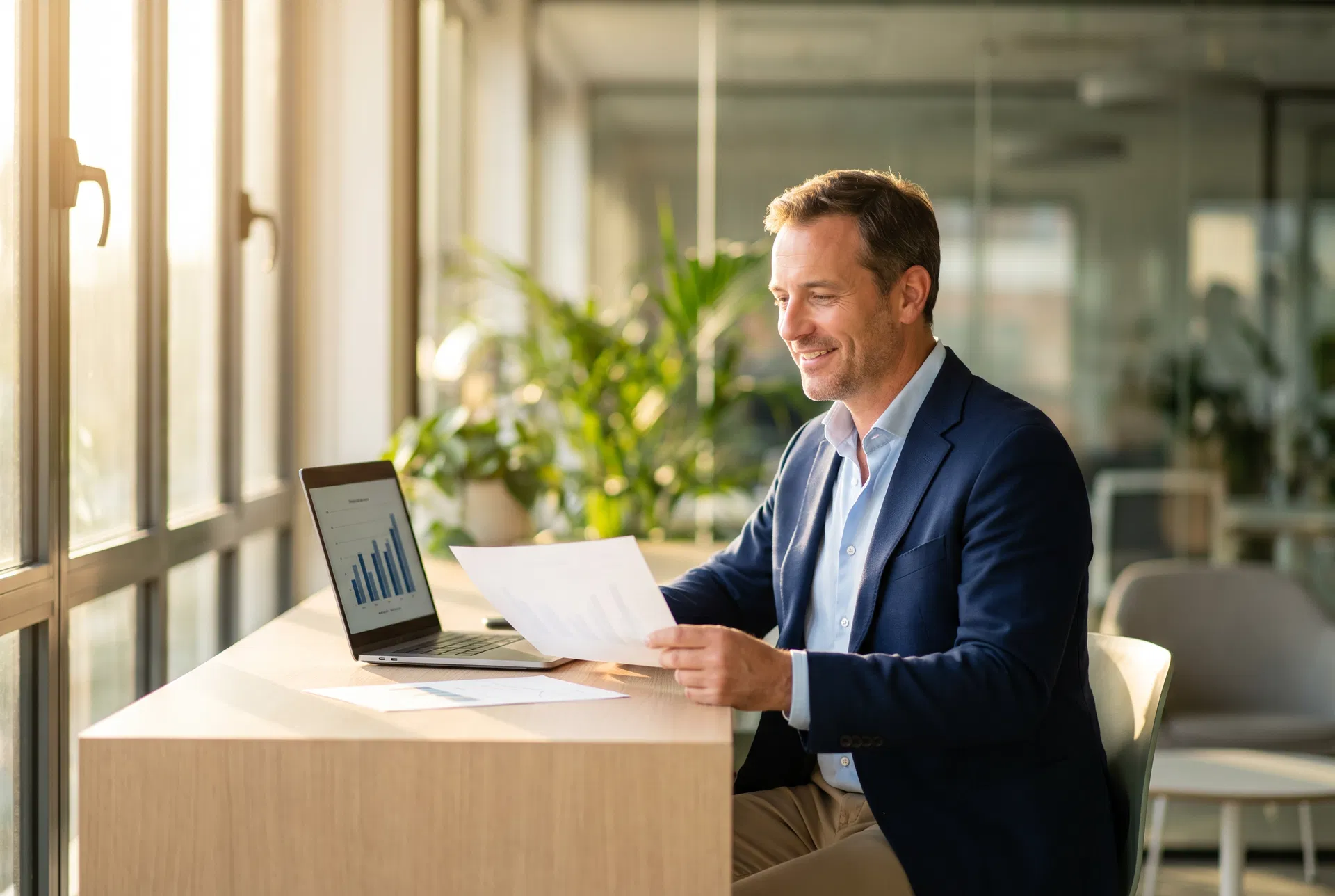 Business owner reviewing payroll tax savings from the PCMP program