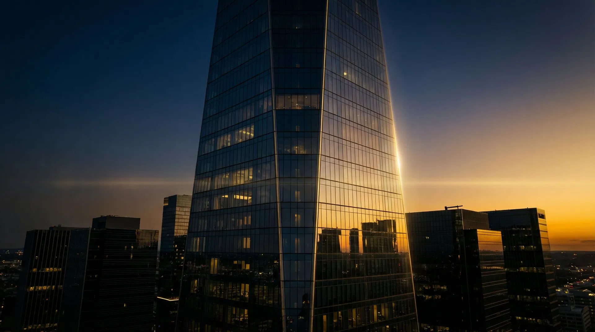 Modern corporate skyline at twilight
