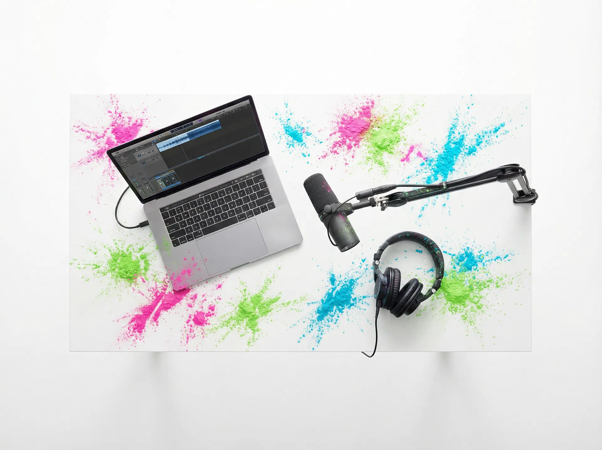 Podcast setup with Holi color splashes