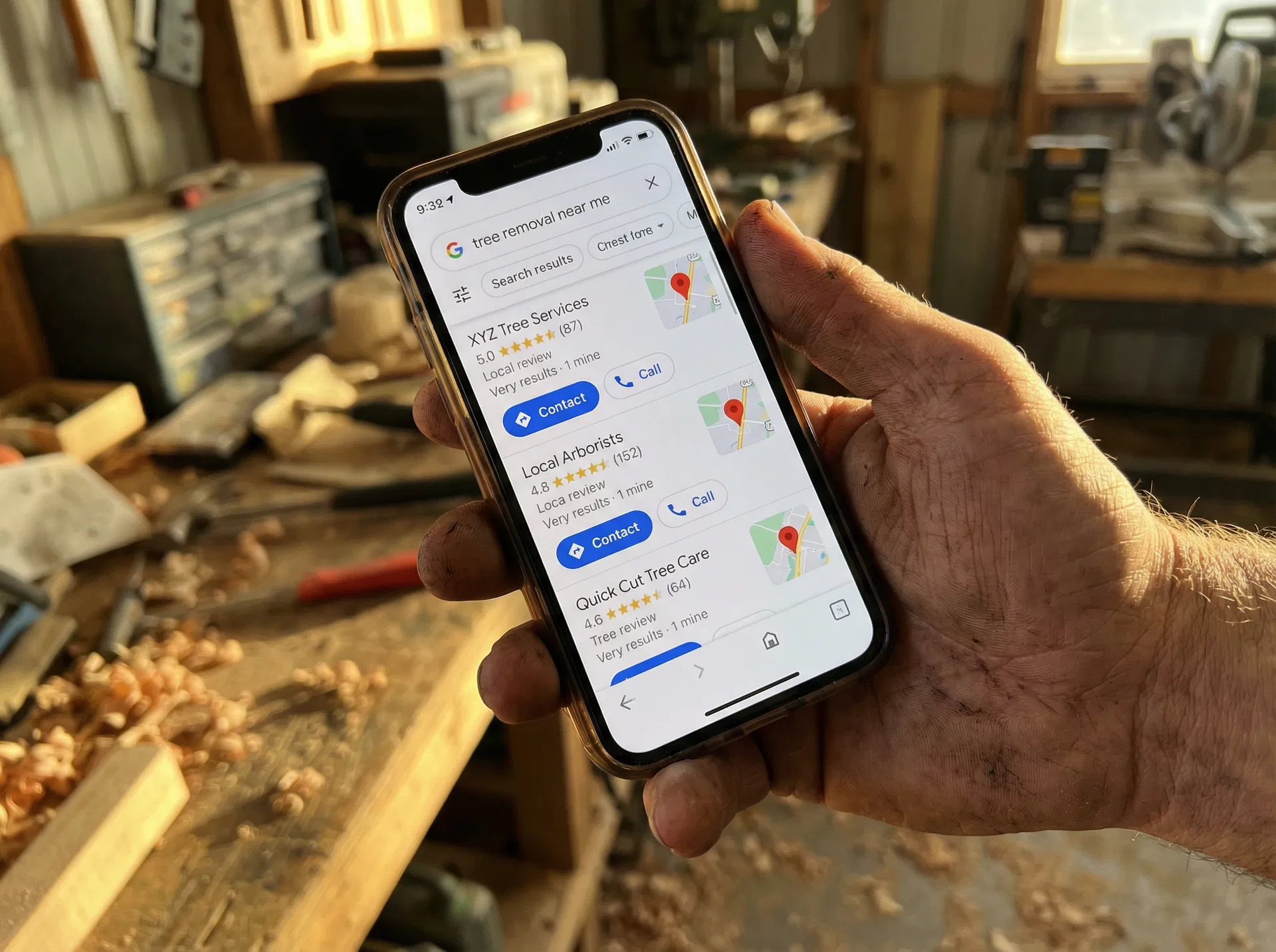 Google Maps local pack showing tree service results
