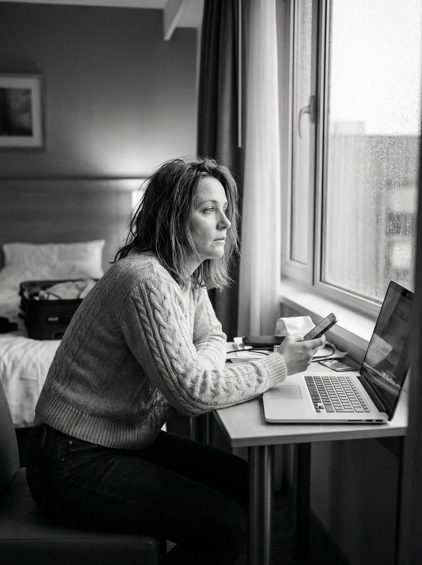 Woman sitting alone at a hotel desk, phone in hand, staring out at the rain