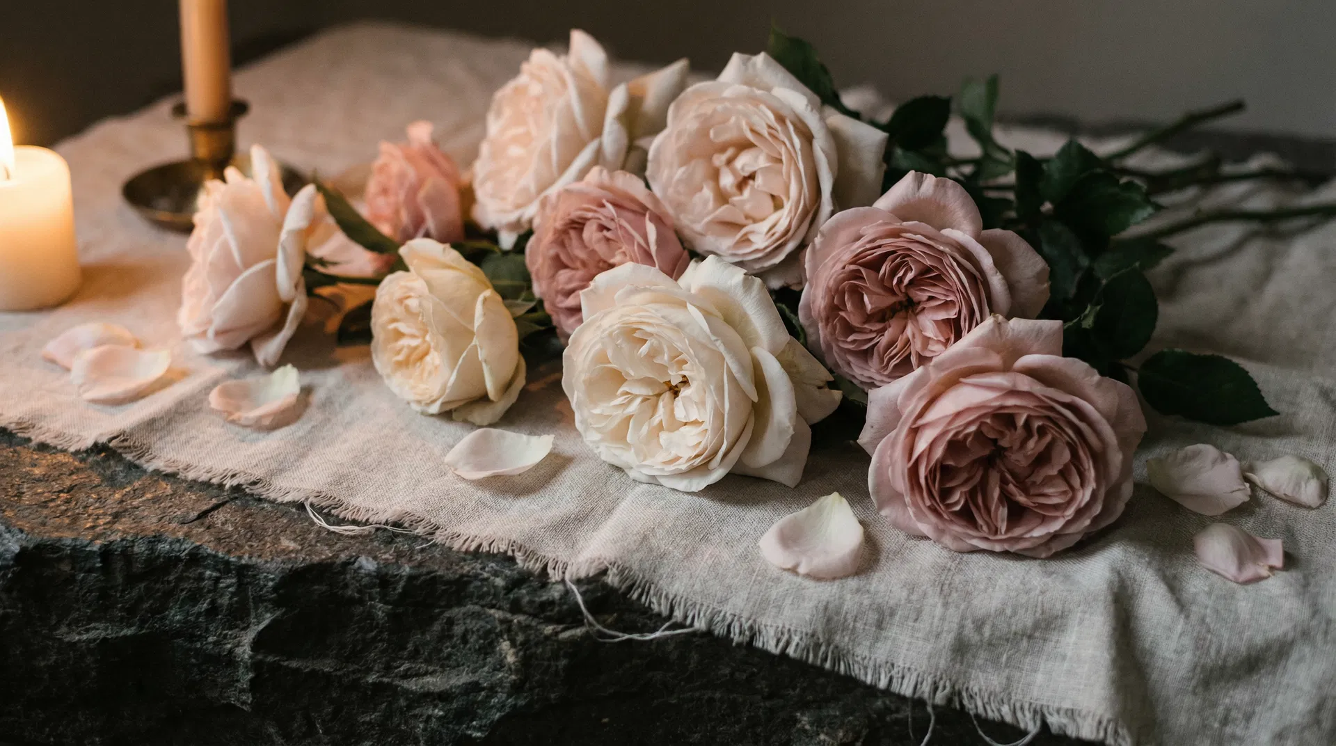 Garden roses on linen