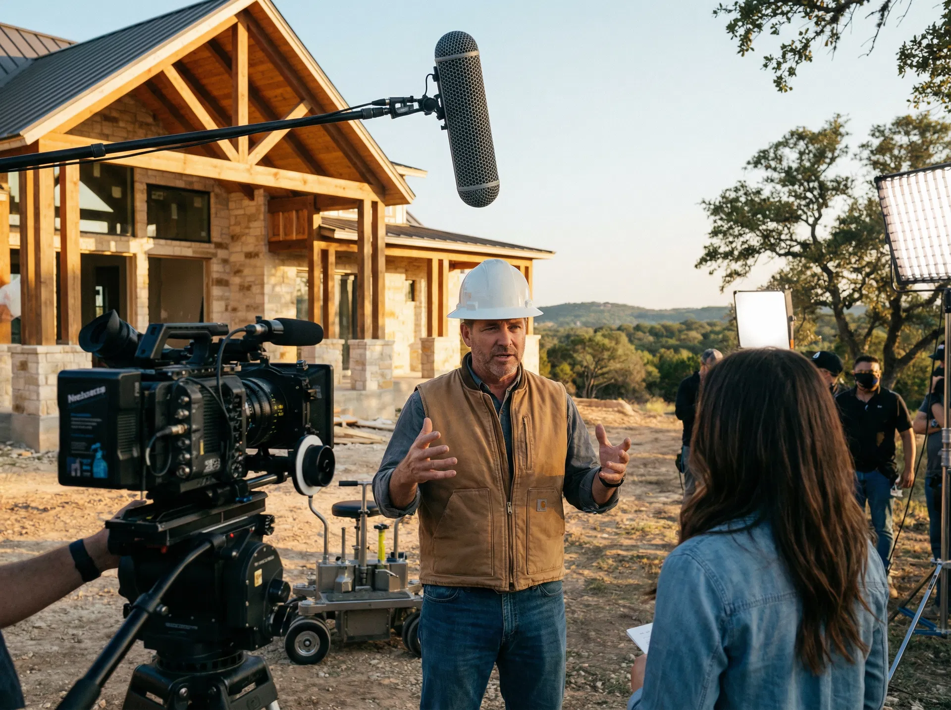 Builder being interviewed on camera at a construction site