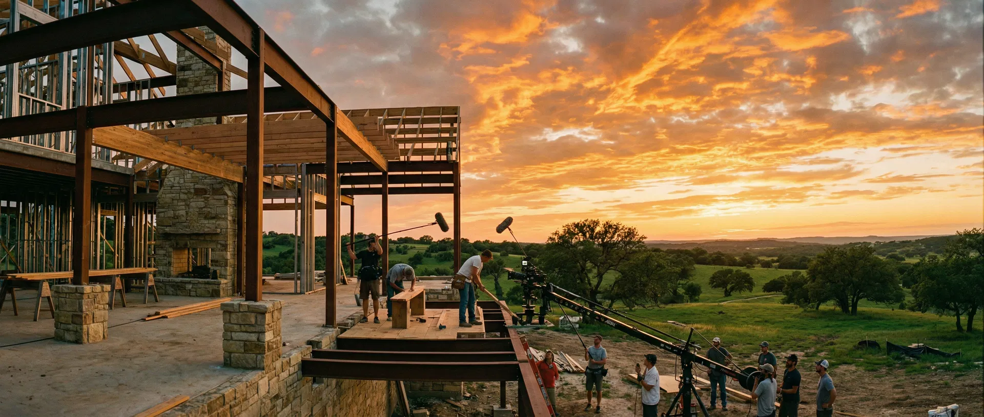 Film crew documenting a Texas Hill Country home build at sunset