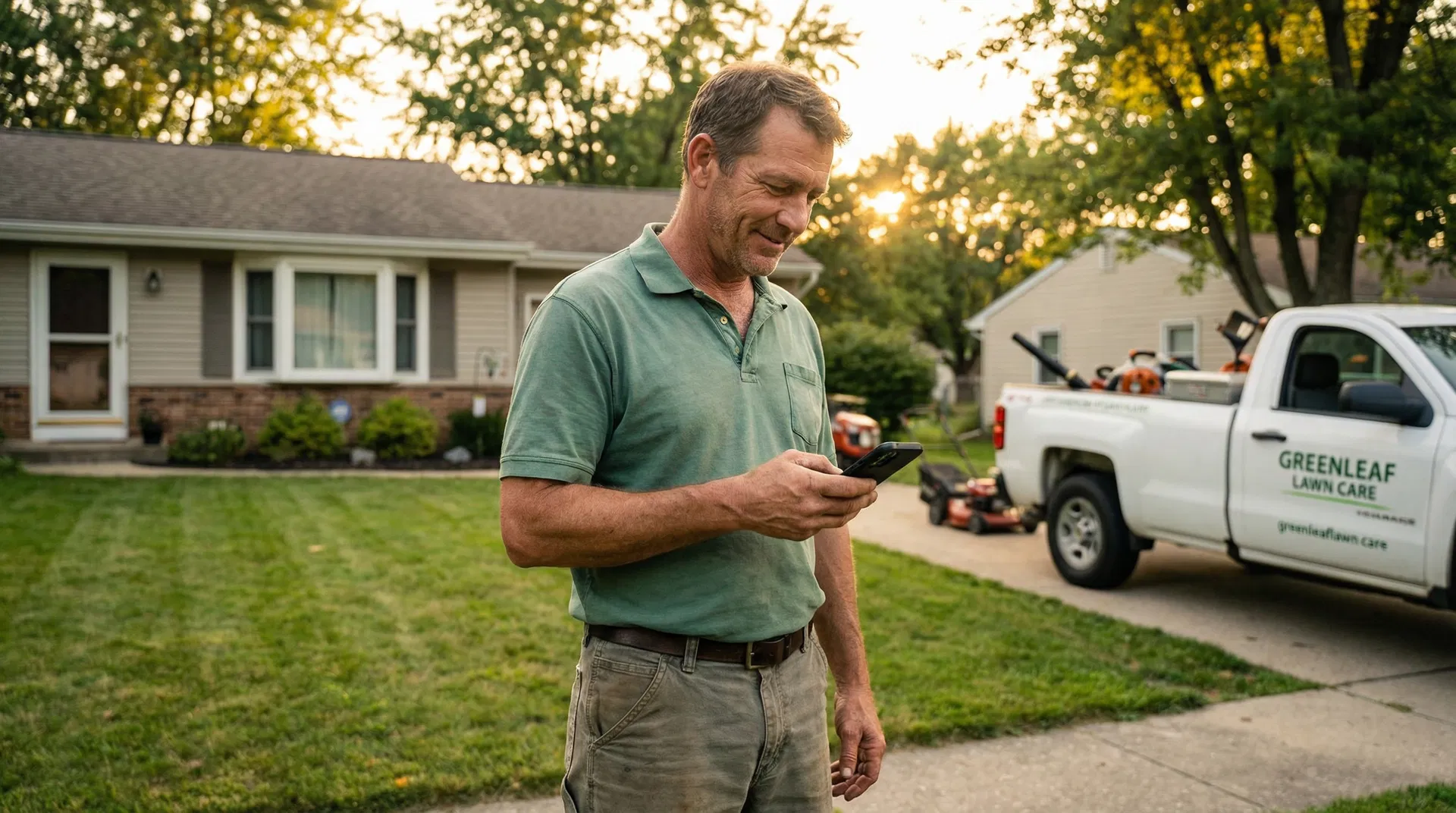 Lawn care business owner checking his phone at end of day