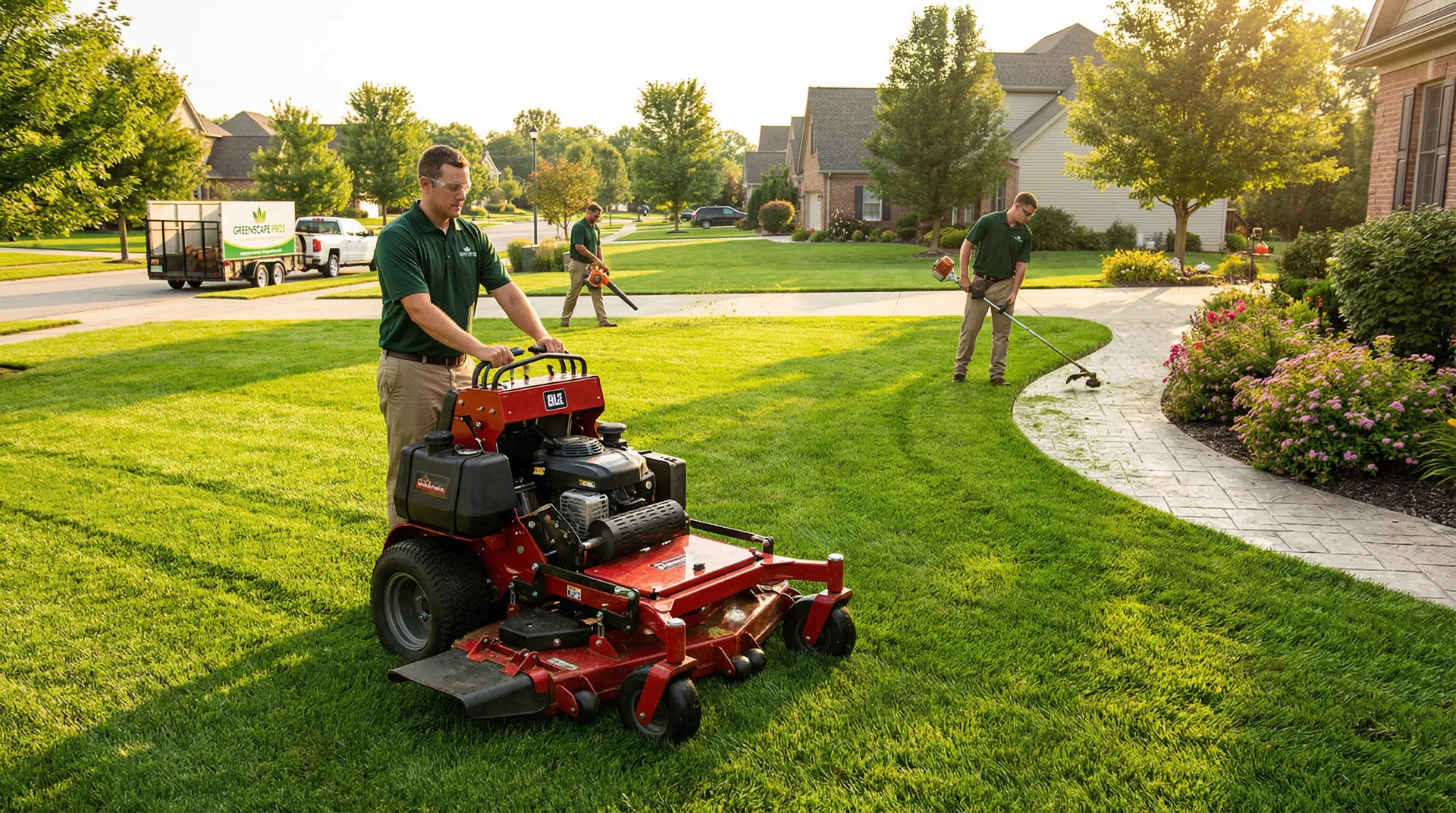 Professional lawn care crew working on a property
